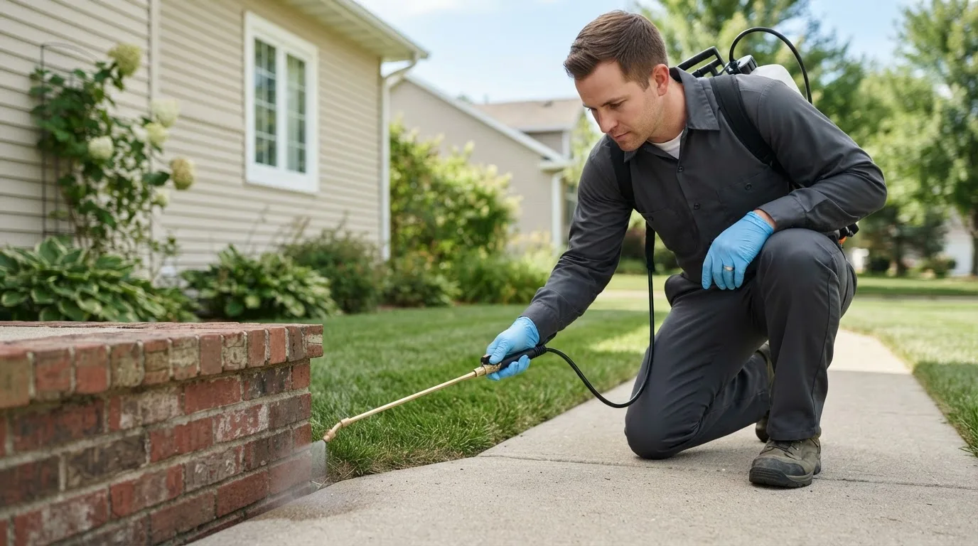 Pest control technician treating a home near Adel, OR